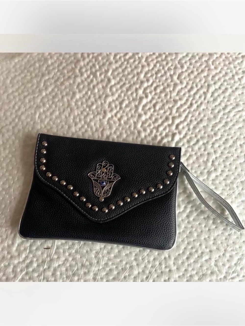 Black Studded Wristlet Clutch with Hamsa Emblem